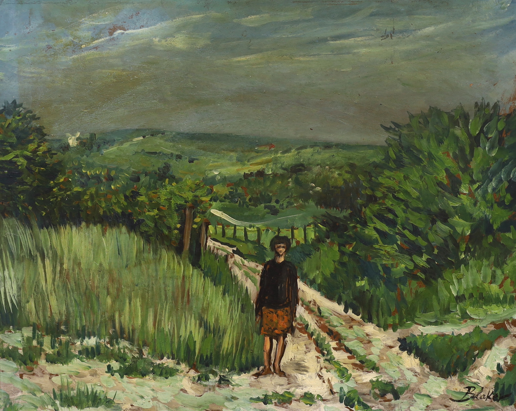 Michael John Blaker (1928-2018), two oils on board, Figure on a pathway before hills and river landscape, one signed, largest 60 x 75cm, unframed